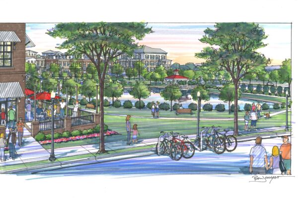 Amplio Development Portfolio an artist's rendering of a community square businesses and people next to pond and a gazebo in center of pond