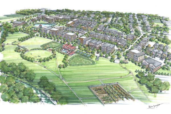 Amplio Development Portfolio artist's rendering of a campus with a few blocks of houses and larger property with pool and tennis courts in front with expansive grass field and park